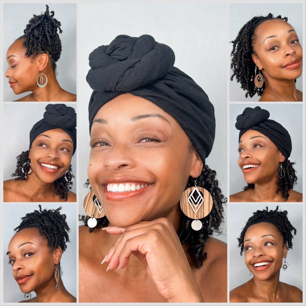 A seven-panel collage of the model in a black head wrap and natural curls, wearing seven different pairs of earrings.