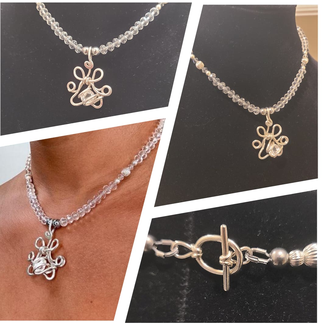 Collage of four close-up views of a clear crystal beaded necklace with a silver wire-wrapped pendant and a silver toggle clasp.